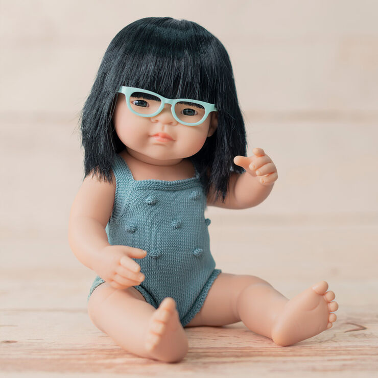 Muñeca asiática con gafas 38 cm Pelele Plomo