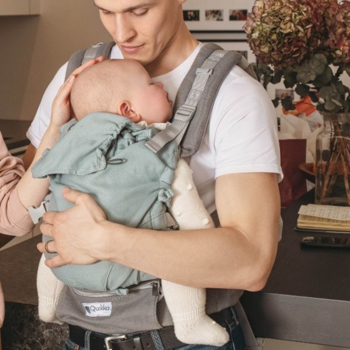 Mochila evolutiva QuokkaBaby E-Carrier modelo Mint en uso